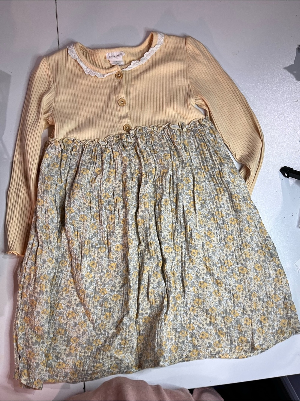 Laura Ashley Cream and Yellow Floral Knit-Top Dress